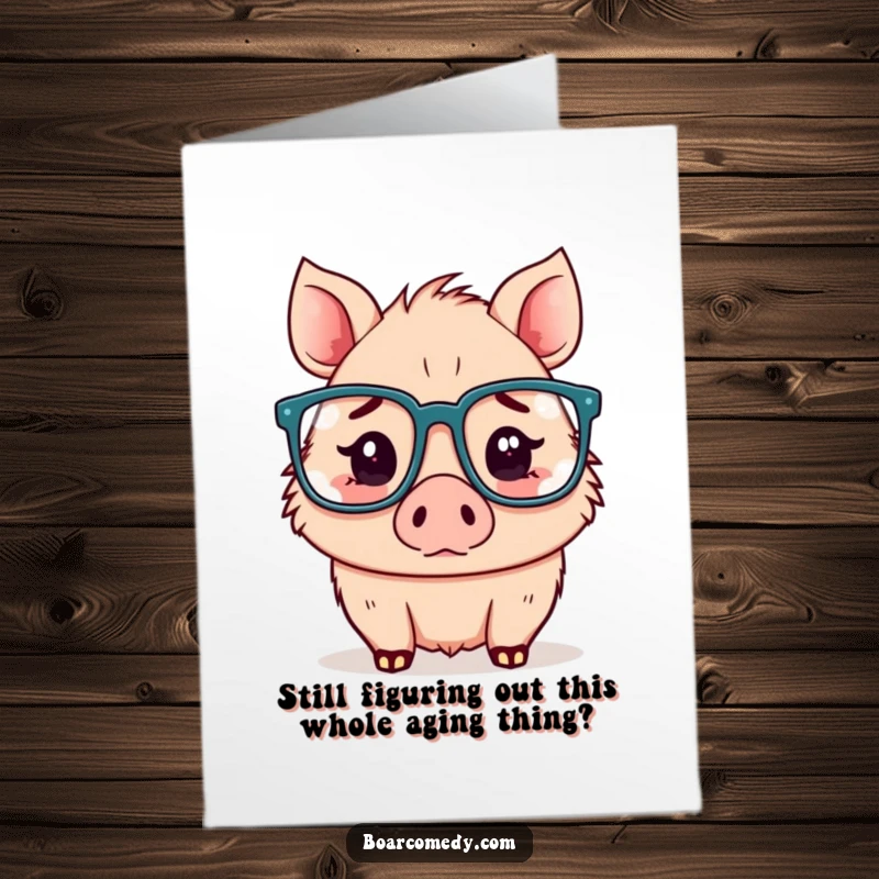 Funny Free Printable Birthday Card: A Kawaii boar in oversized glasses looks hilariously confused, perfect for birthdays.
