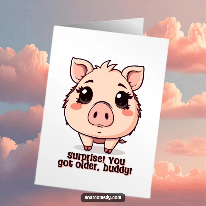 Funny Free Printable Birthday Card: A Kawaii boar with wide eyes shows a comically surprised expression for birthdays.