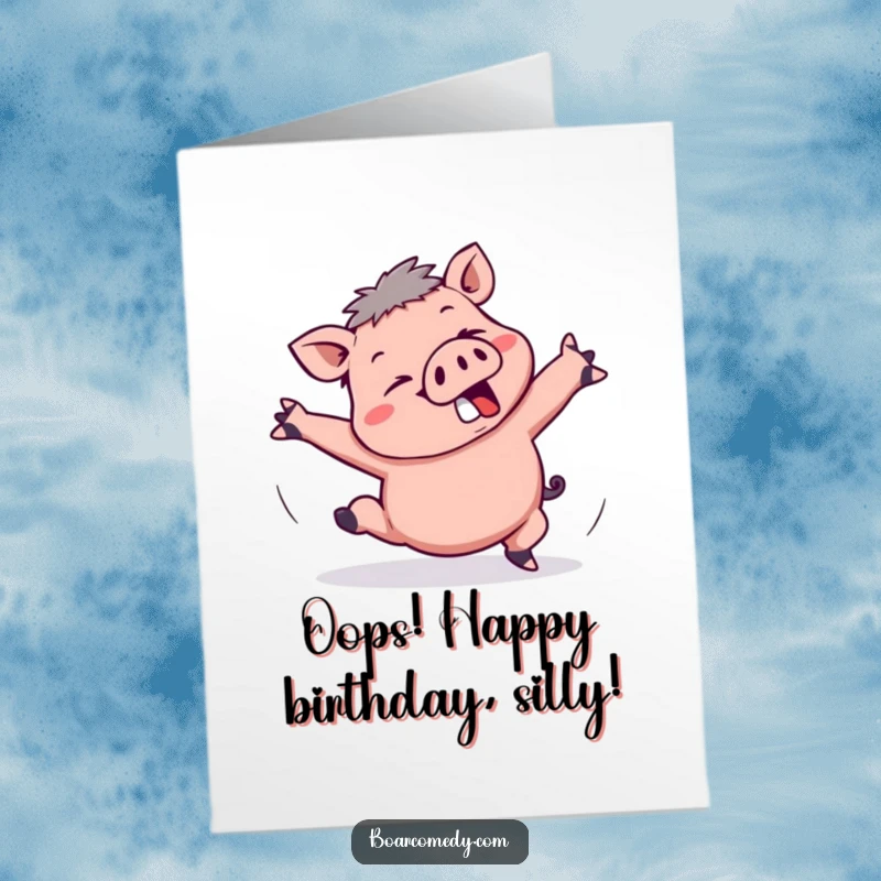 Funny Free Printable Kawaii Boar comically tripping and flailing its arms wildly, perfect for a birthday card.