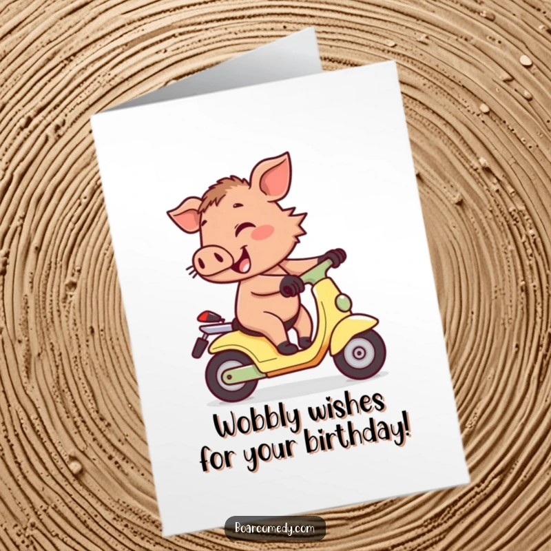 Funny Free Printable Birthday Card: A cheerful boar hilariously wobbling on a tiny scooter.
