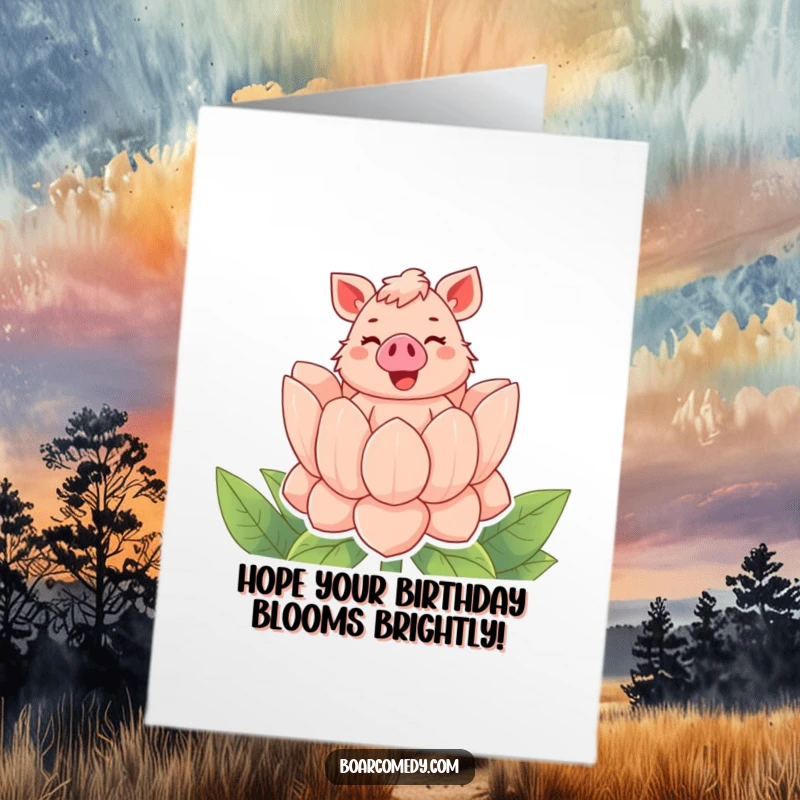 Funny Free Printable Birthday Card: Bubbly boar pops out of a giant flower with a happy squeal, celebrating.