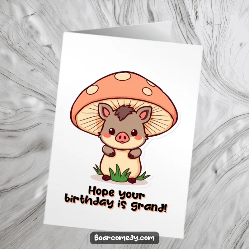 Funny Free Printable Birthday Card: A kawaii boar peeking shyly from behind a giant, colorful mushroom, wishing a happy birthday.