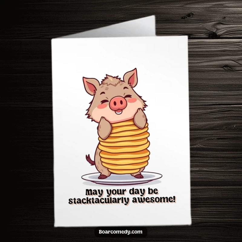 Funny Free Printable Birthday Card: Smiling boar precariously balances a very tall stack of pancakes, a culinary challenge.