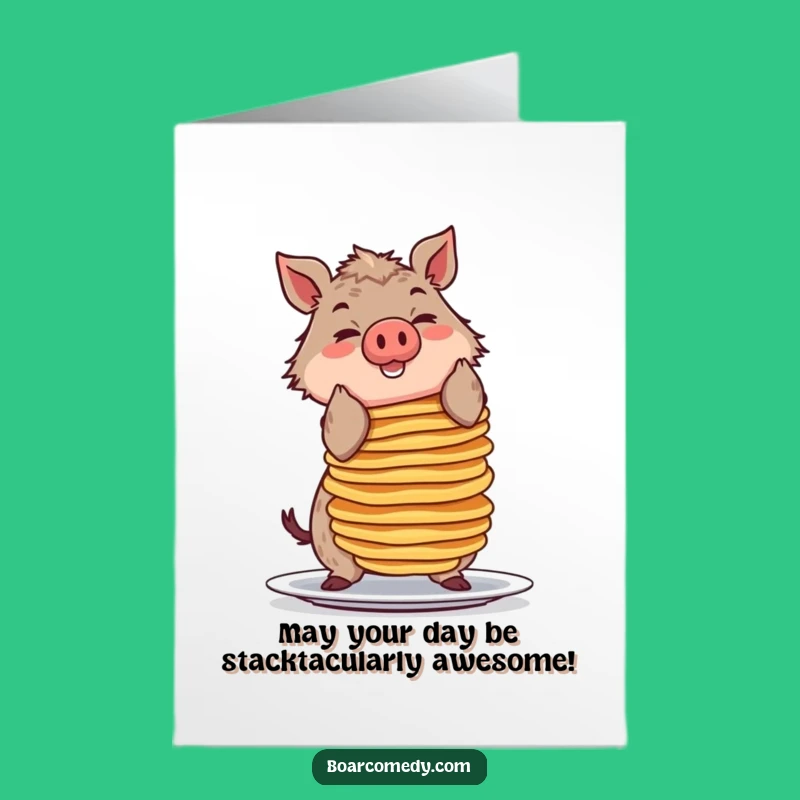 Free Printable Birthday Card: Pancake Balancing Boar Funny Downloadable Gift