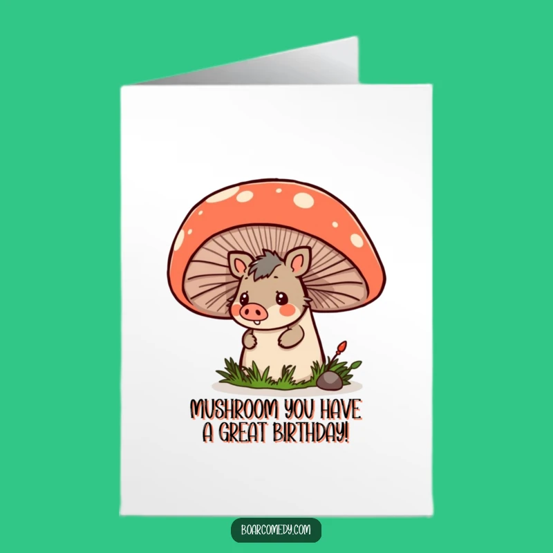 Free Printable Birthday Card: Kawaii Boar Hiding, Funny Mushroom Design, Downloadable Gift