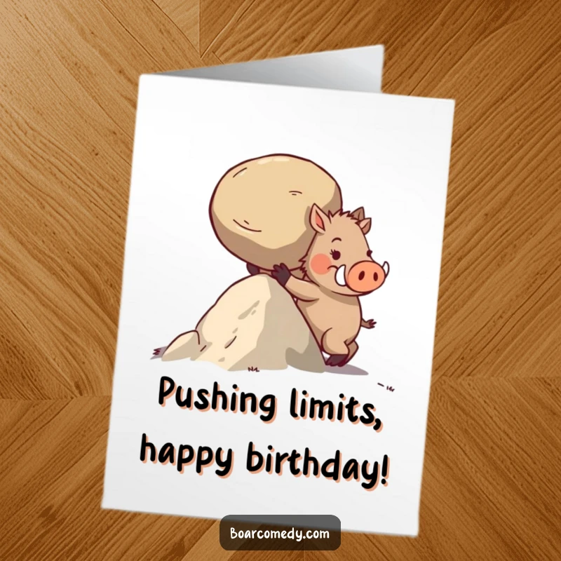 Funny Free Printable Birthday Card: Determined boar character straining to push a large round stone uphill, showing effort.