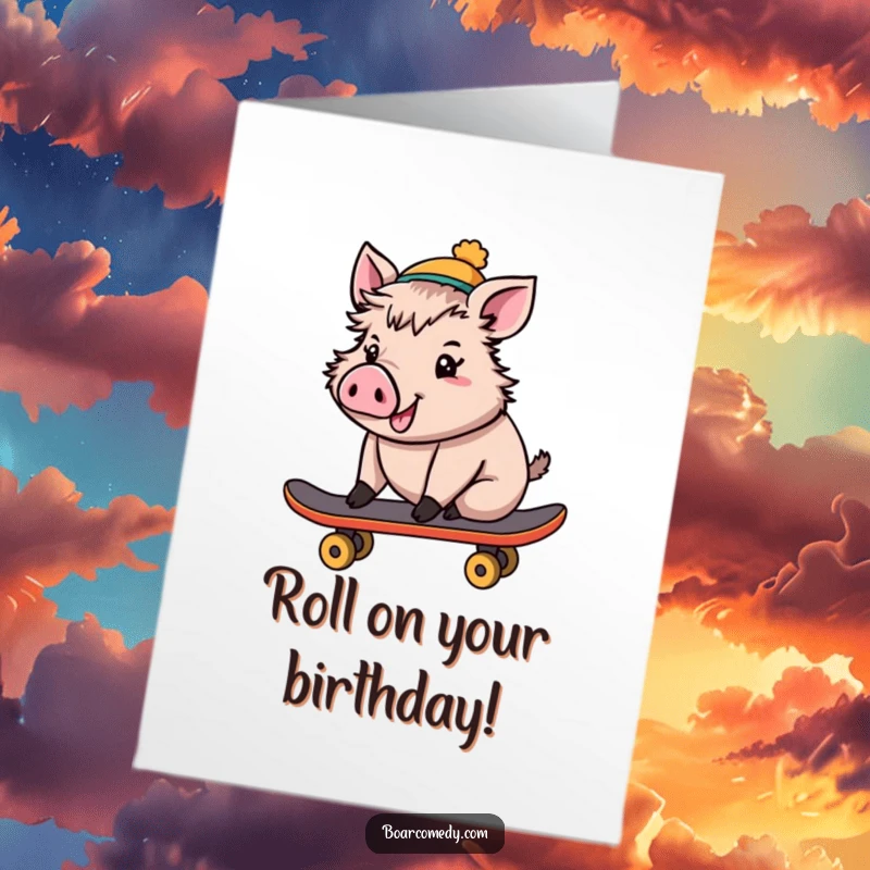 Funny Free Printable Birthday Card: A very cheerful boar wearing a tiny hat, confidently riding a skateboard, celebrating a birthday.