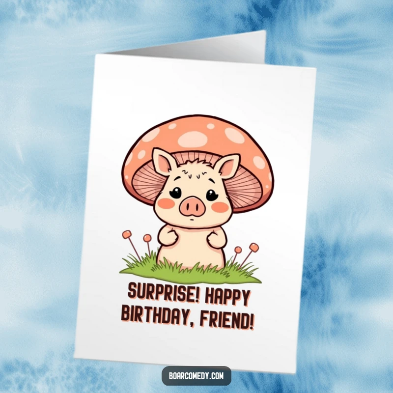 Funny Free Printable Birthday Card: A blushing, surprised boar peeking from behind a large, striped mushroom.