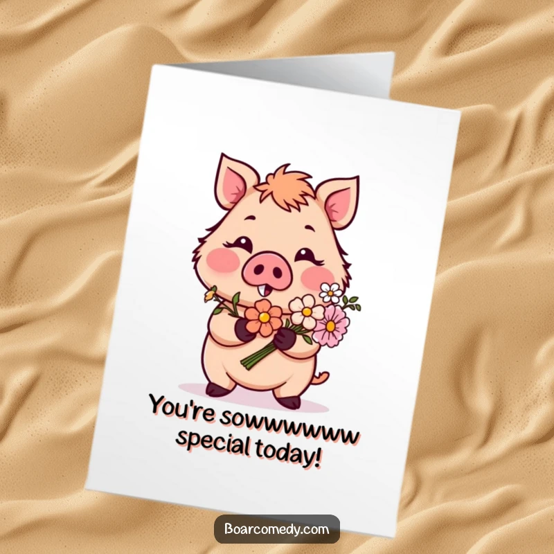 Funny Free Printable Birthday Card featuring a shy, blushing boar character offering a vibrant bouquet of flowers.