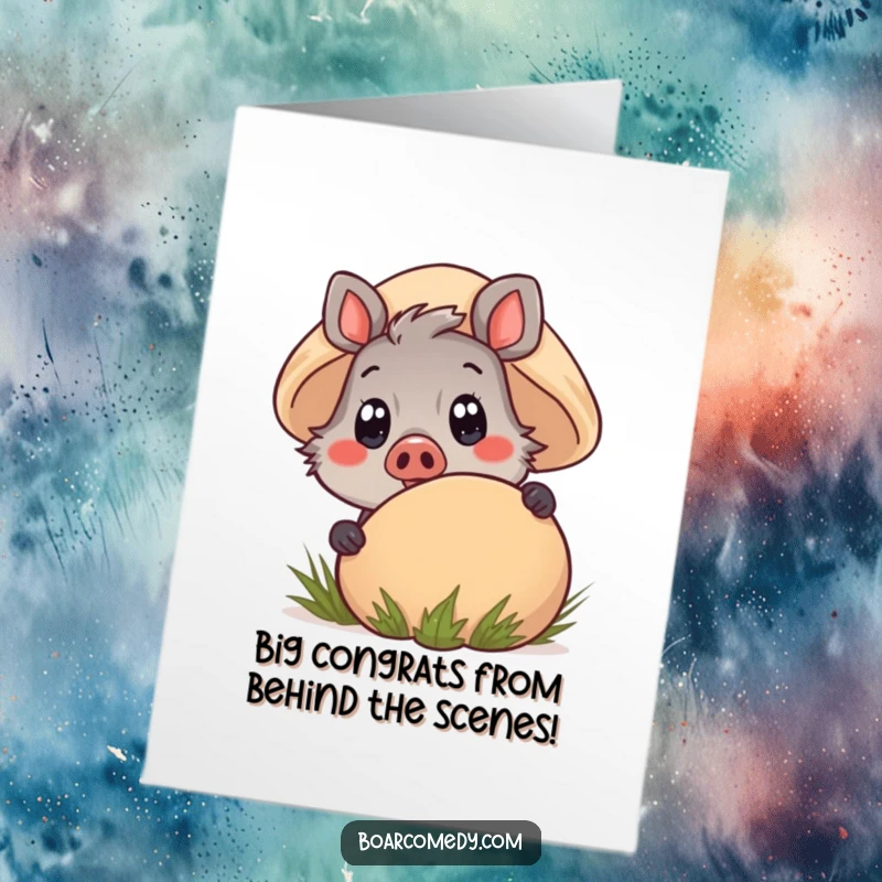 Funny Free Printable Congrats Card: Kawaii boar peeking from a mushroom, a cheerful downloadable gift for congratulations.