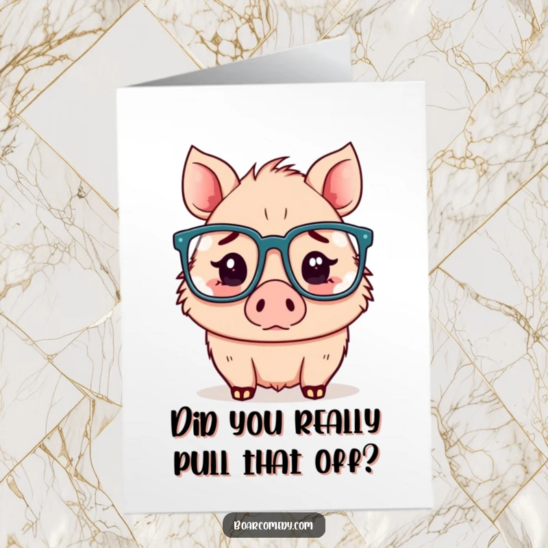 Funny Free Printable Congratulations Card: A Kawaii boar wearing big glasses looks confusedly proud of your success.