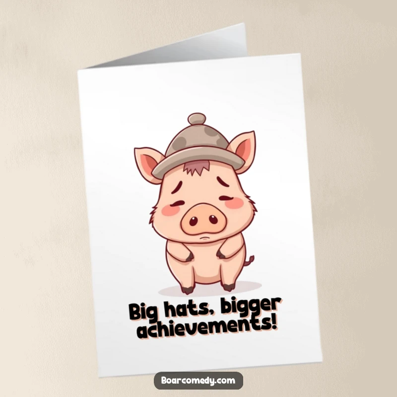 Funny Free Printable Congratulations Card: A bewildered boar tries to keep a comically small hat, which is actually too large, on its head.