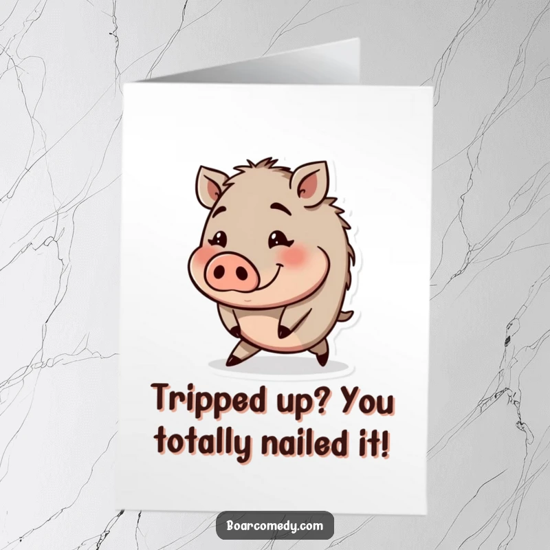 Funny Free Printable Congrats Card: A round boar with a funny face is tripping slightly, a humorous take on congratulations.