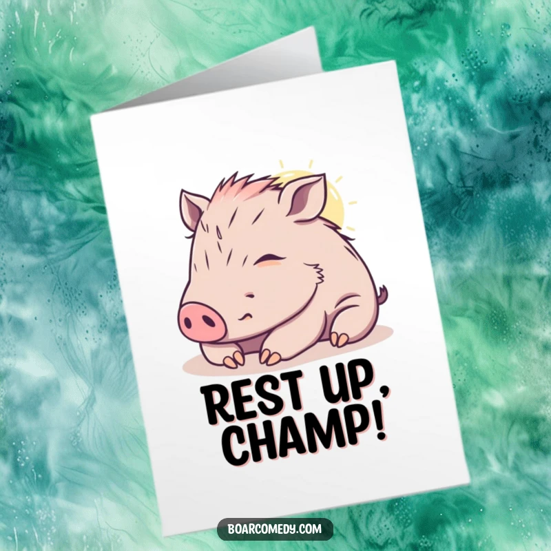Funny Free Printable Congratulations Card: Cute kawaii boar enjoying a peaceful sigh and nap in a cozy sunbeam, celebrating quiet success.