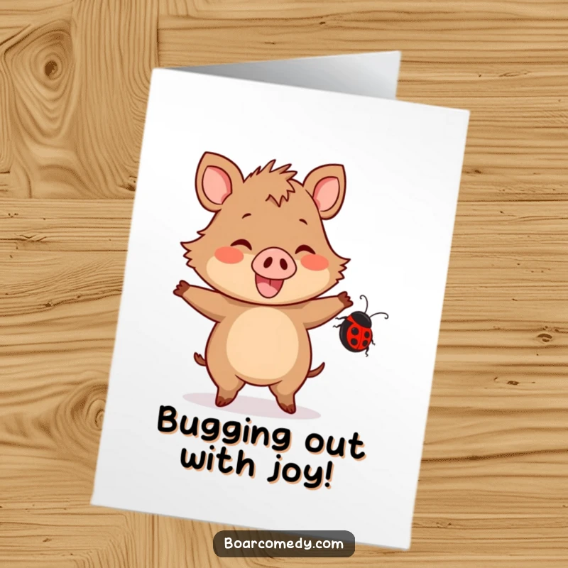 Funny Free Printable Congratulations Card: Joyful kawaii boar dancing with a friendly ladybug, celebrating success with infectious happiness.