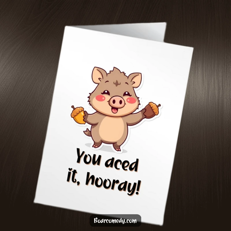 Funny Free Printable Congrats Card: A cute boar comically juggling acorns, celebrating a big win.