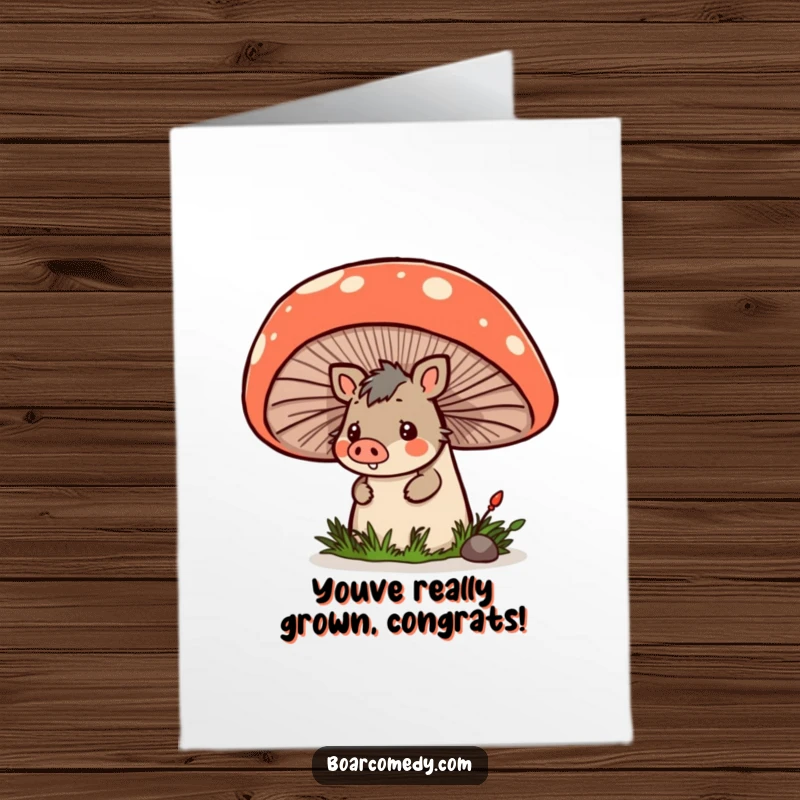 Funny Free Printable Congrats Card: A cheerful kawaii boar peeking from a large mushroom, perfect for sending surprising congratulations.