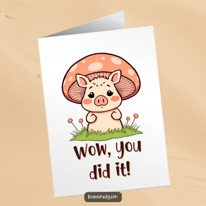 Funny Free Printable Congrats Card: A surprised boar peeking from behind a striped mushroom, celebrating.