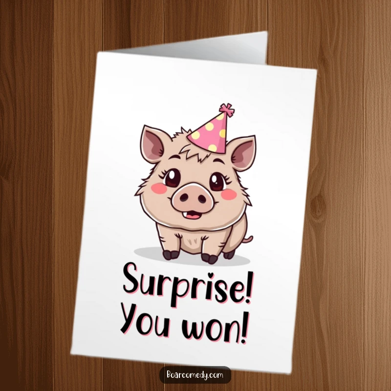 Funny Free Printable Congratulations Card: Cute boar in a tiny party hat, eyes wide with surprise and joy.