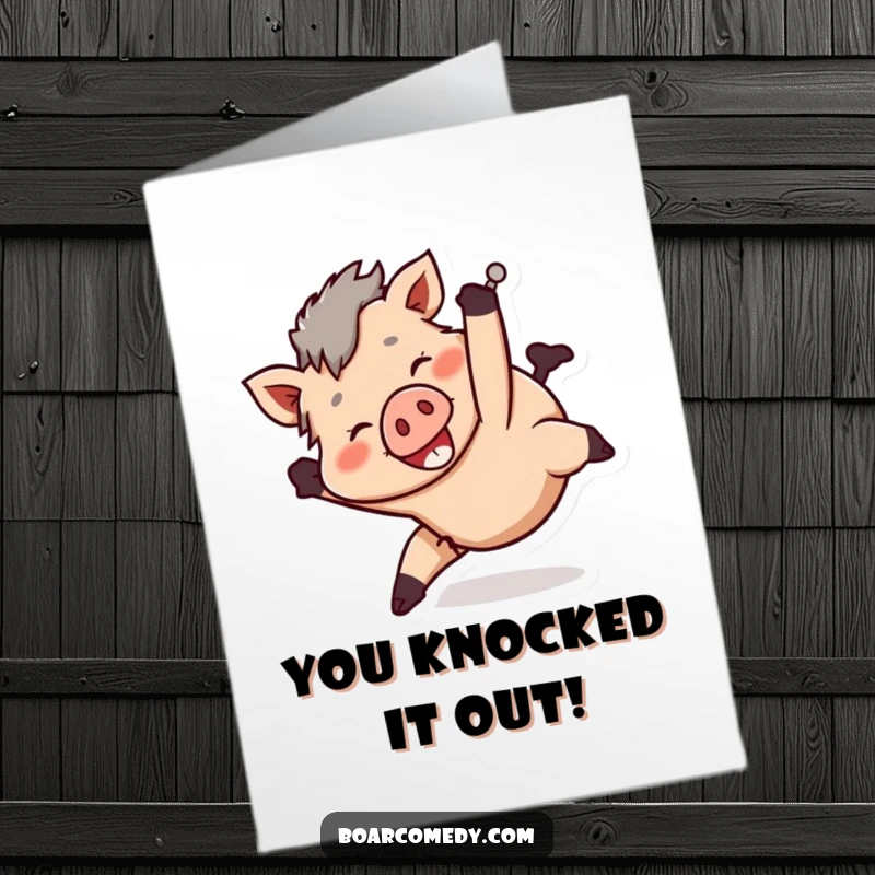 Funny Free Printable Congratulations Card: Smiling boar character tumbling head over heels, celebrating a playful victory.