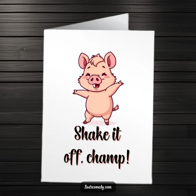 Funny Free Printable Congratulations Card: Kawaii boar character doing a comical, wobbly dance move, perfect for celebrating.