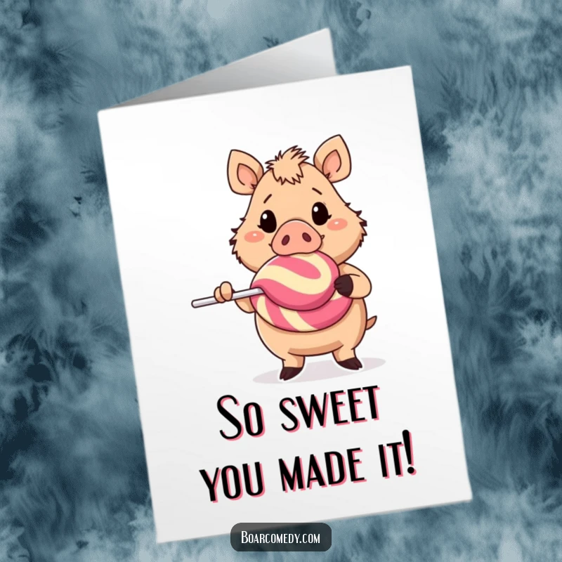 Funny Free Printable Congratulations Card: A cheerful boar proudly holding an enormous, vibrant lollipop in celebration.