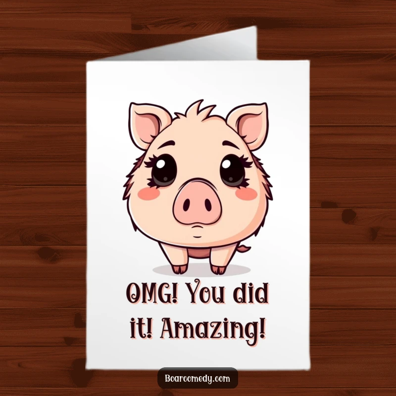 Funny Free Printable Congratulations Card: A Kawaii boar with wide eyes displays a hilariously surprised face for congratulations.