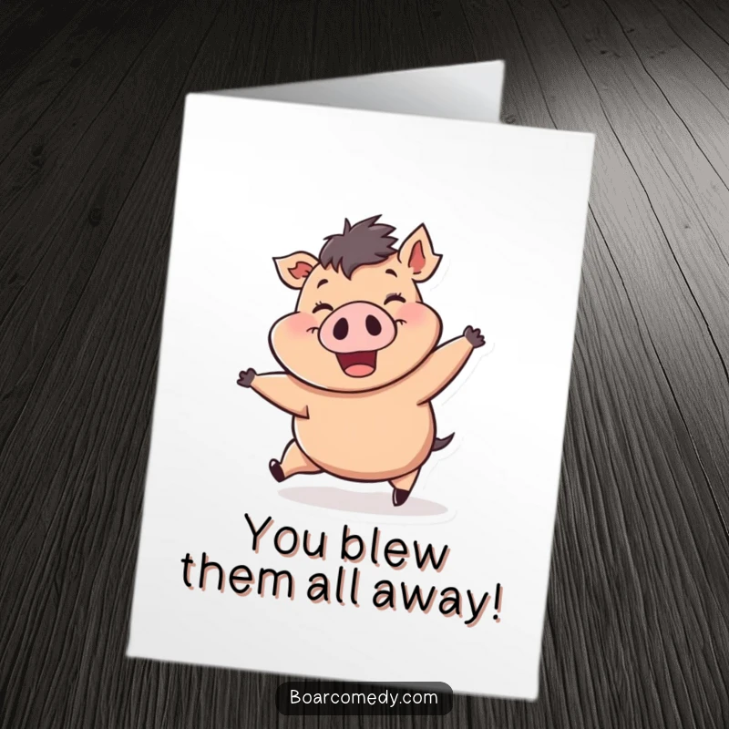 Funny Free Printable Congratulations Card showing a happy boar being pushed by wind, grinning widely. A downloadable celebration of success.