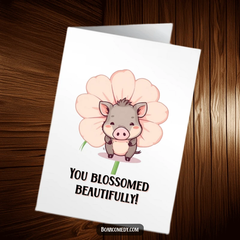Funny Free Printable Congratulations Card: Little boar peeking from behind a large, cartoonish flower to celebrate success.