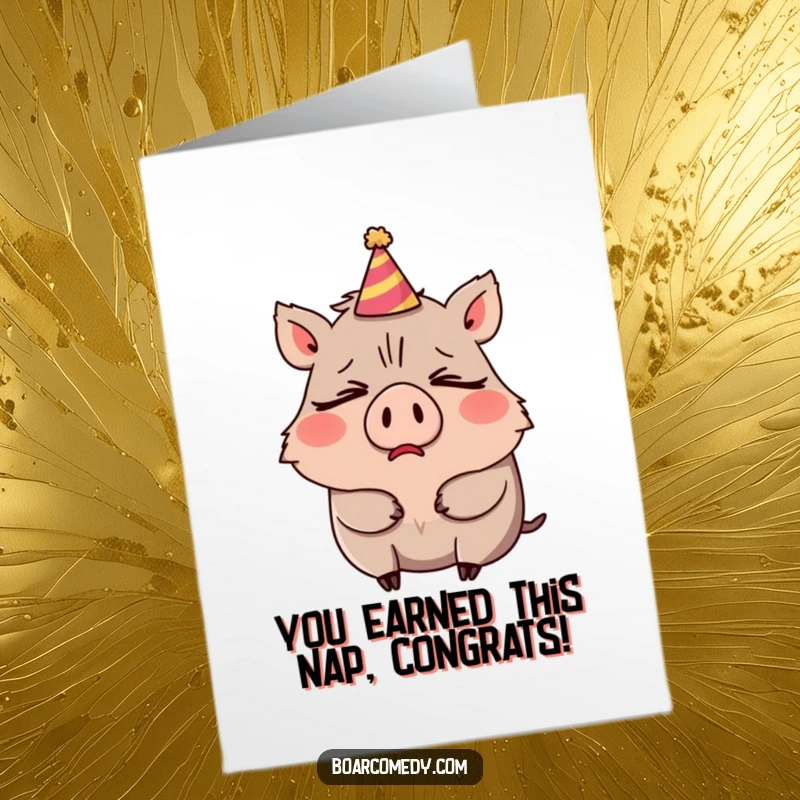 Funny Free Printable Congrats Card: Sleepy boar character yawning with a party hat askew, celebrating a chill achievement.