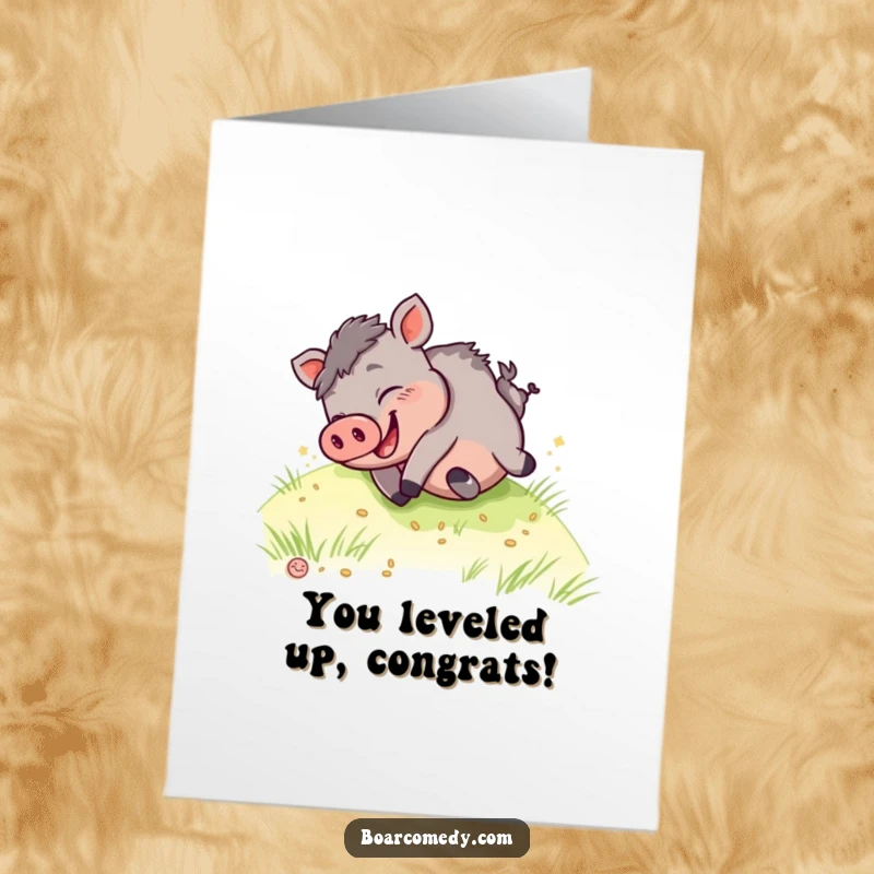 Funny Free Printable Congratulations Card: Giggling kawaii boar celebrating with a hilarious tumble down a grassy slope.
