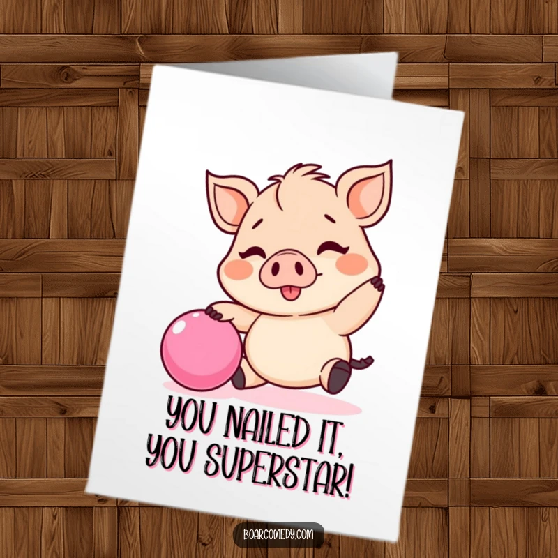 Funny Free Printable Congratulations Card: A happy Kawaii boar bounces a pink ball, celebrating your success.
