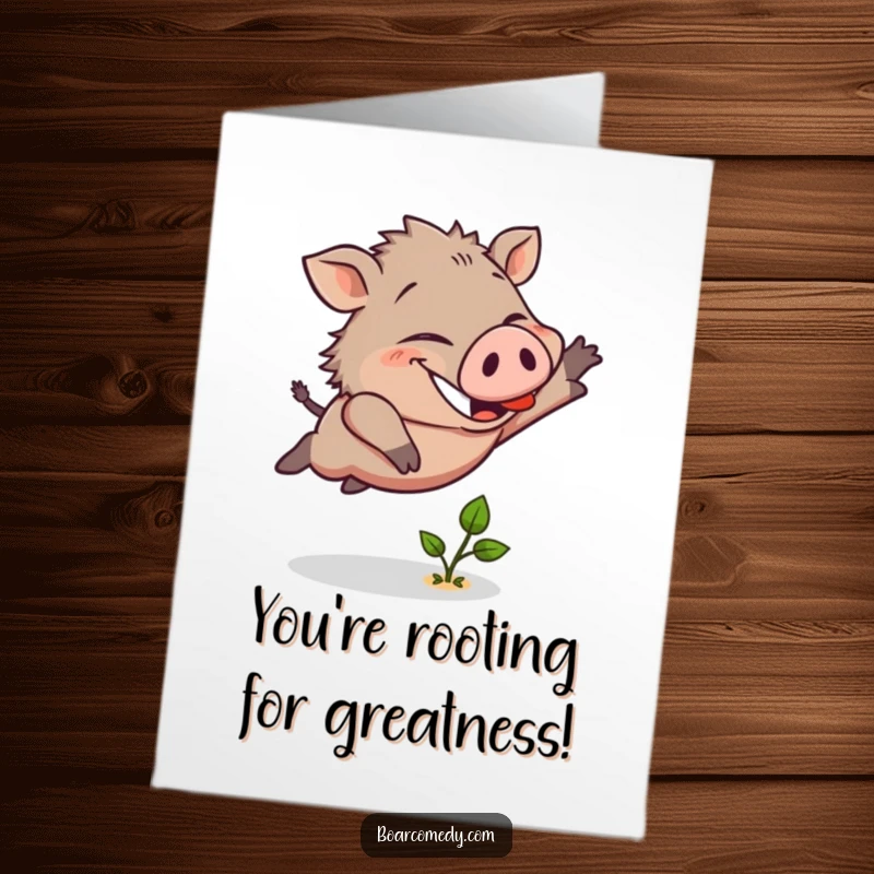 Funny Free Printable Congrats Card: Cheerful boar character leaping over a sprout, symbolizing a great accomplishment, downloadable.