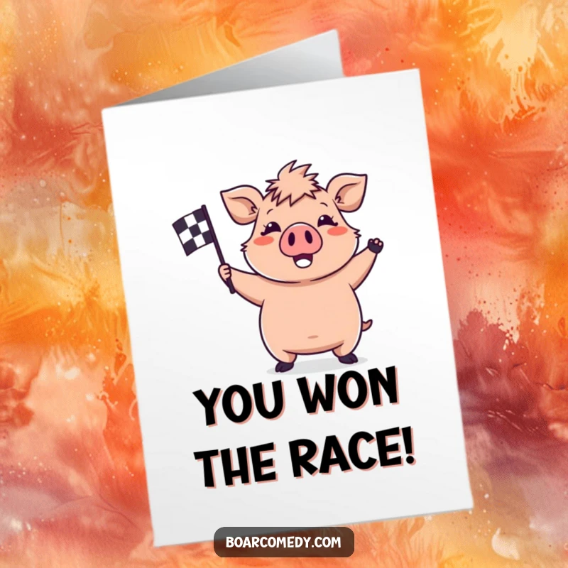 Funny Free Printable Congratulations Card: Happy kawaii boar waving a checkered flag enthusiastically, celebrating a triumphant finish.