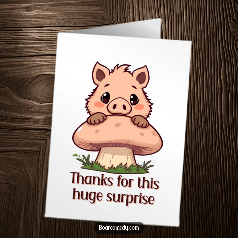Funny Free Printable thank you card with a mischievous boar peeking over a mushroom, conveying playful gratitude.