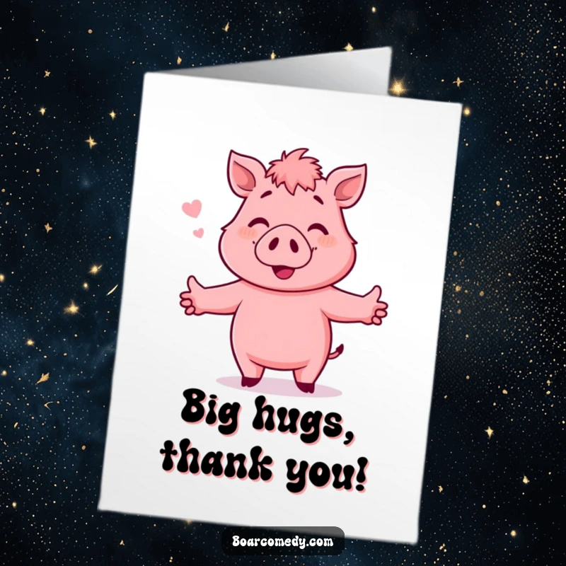 Funny Free Printable Thank You Card: A pink boar with outstretched arms ready to give an invisible hug.