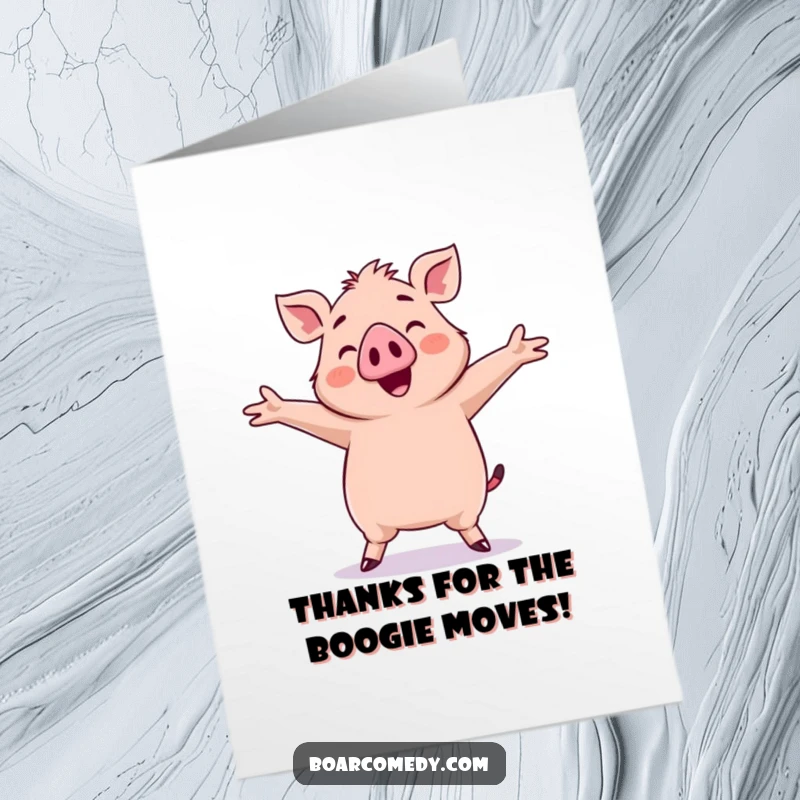 Funny Free Printable Kawaii Boar doing a happy, silly dance, arms wide, to express sincere thanks.