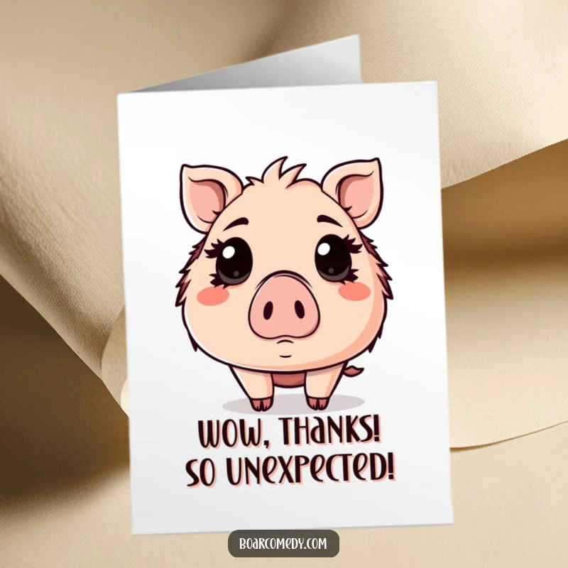 Funny Free Printable Thank You Card: A Kawaii boar with wide eyes shows a comically surprised expression of thanks.