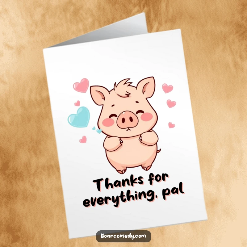 Funny Free Printable Thank You Card: Chubby boar blowing heart bubbles, a cute and appreciative message.