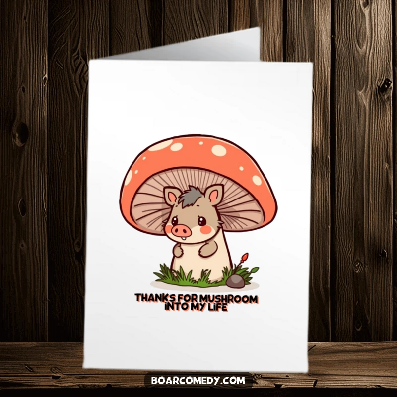 Funny Free Printable Thank You Card: Kawaii boar peeking from a mushroom, a cute and humorous way to say thanks.