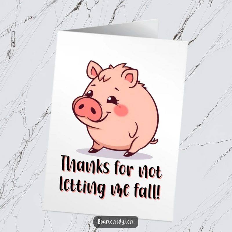 Funny Free Printable Thank You Card: A small, round boar character with a funny expression, tripping slightly while expressing thanks.