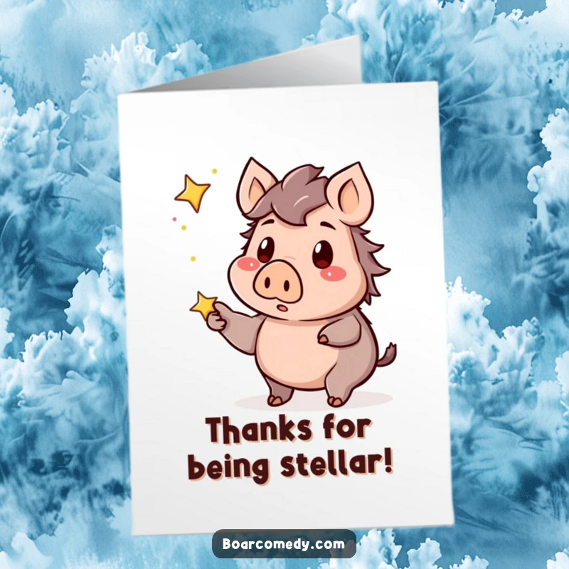 Funny Free Printable Thank You Card: Cute kawaii boar, surprised expression, pointing at a twinkling star, conveying amazement and gratitude.