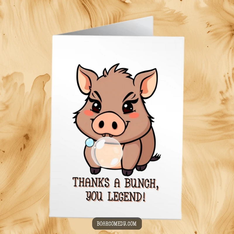 Funny Free Printable Thank You Card: A boar with a sly grin blows a tiny bubble, spreading thanks humorously.