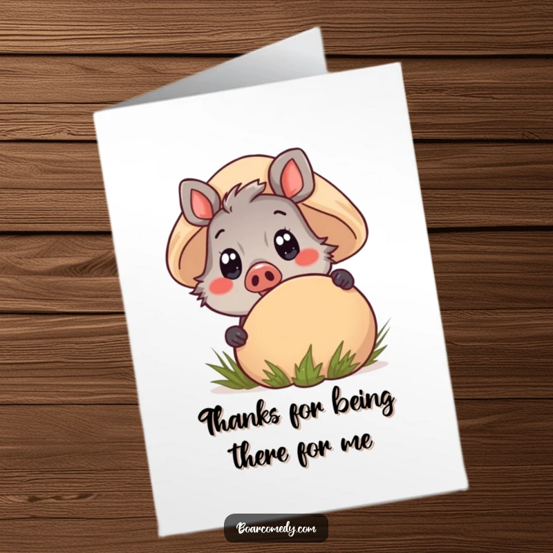 Funny Free Printable Thank You Card: Kawaii boar peeking from mushroom, a cute downloadable gift for expressing thanks.