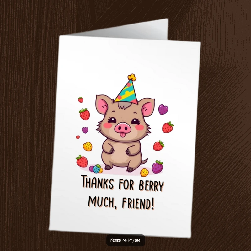 Funny Free Printable Thank You Card: Kawaii boar juggling berries, showing gratitude in a hilarious downloadable gift style.