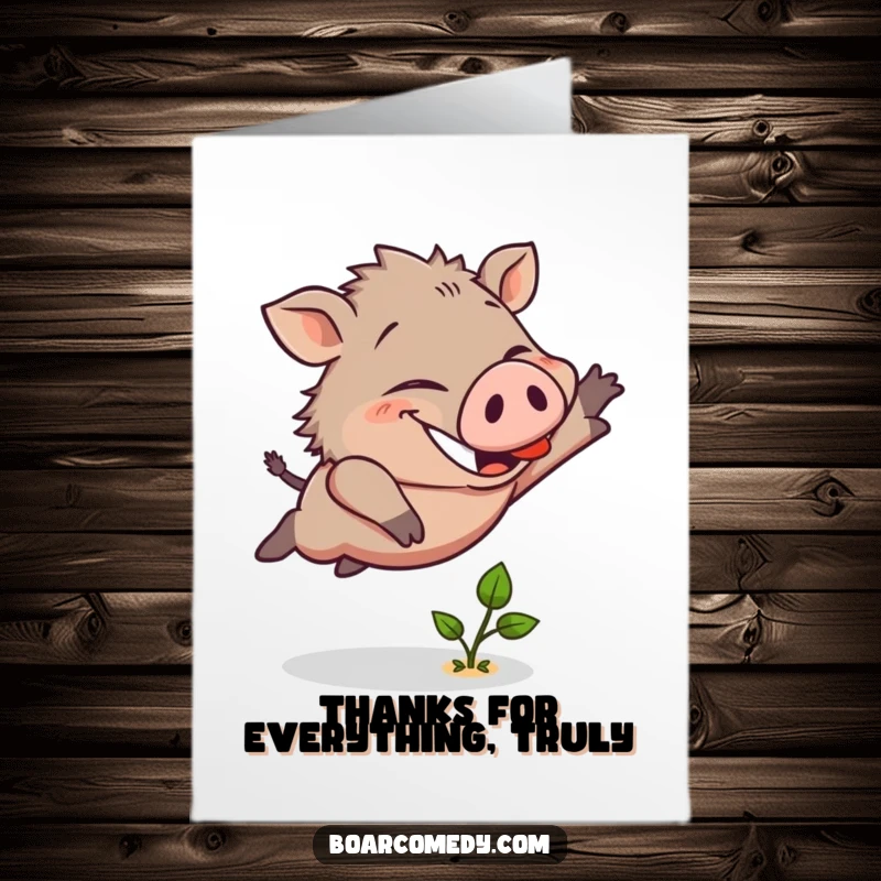 Funny Free Printable Thank You Card: Cheerful boar character joyfully leaping over a sprout, expressing thanks.