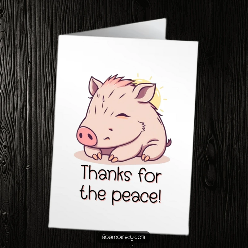 Funny Free Printable Thank You Card: Cute kawaii boar with a contented sigh, napping peacefully in a warm sunbeam, showing thanks.