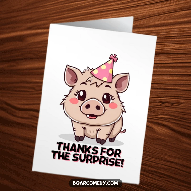 Funny Free Printable Thank You Card: Cute boar wearing a party hat, eyes wide with surprise and joy.