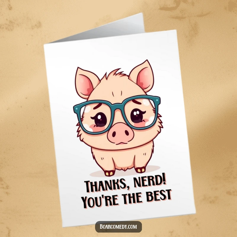 Funny Free Printable Thank You Card: A Kawaii boar in oversized glasses looks endearingly confused, sending thanks.