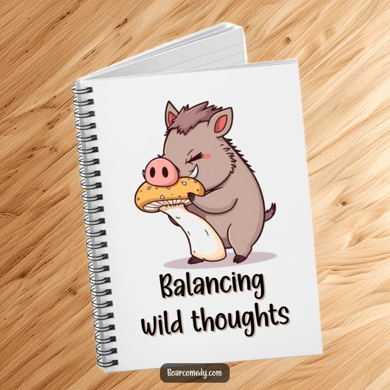 Funny Notebook: Plump boar character concentrating hard, balancing a giant mushroom, symbolizing focused note-taking.